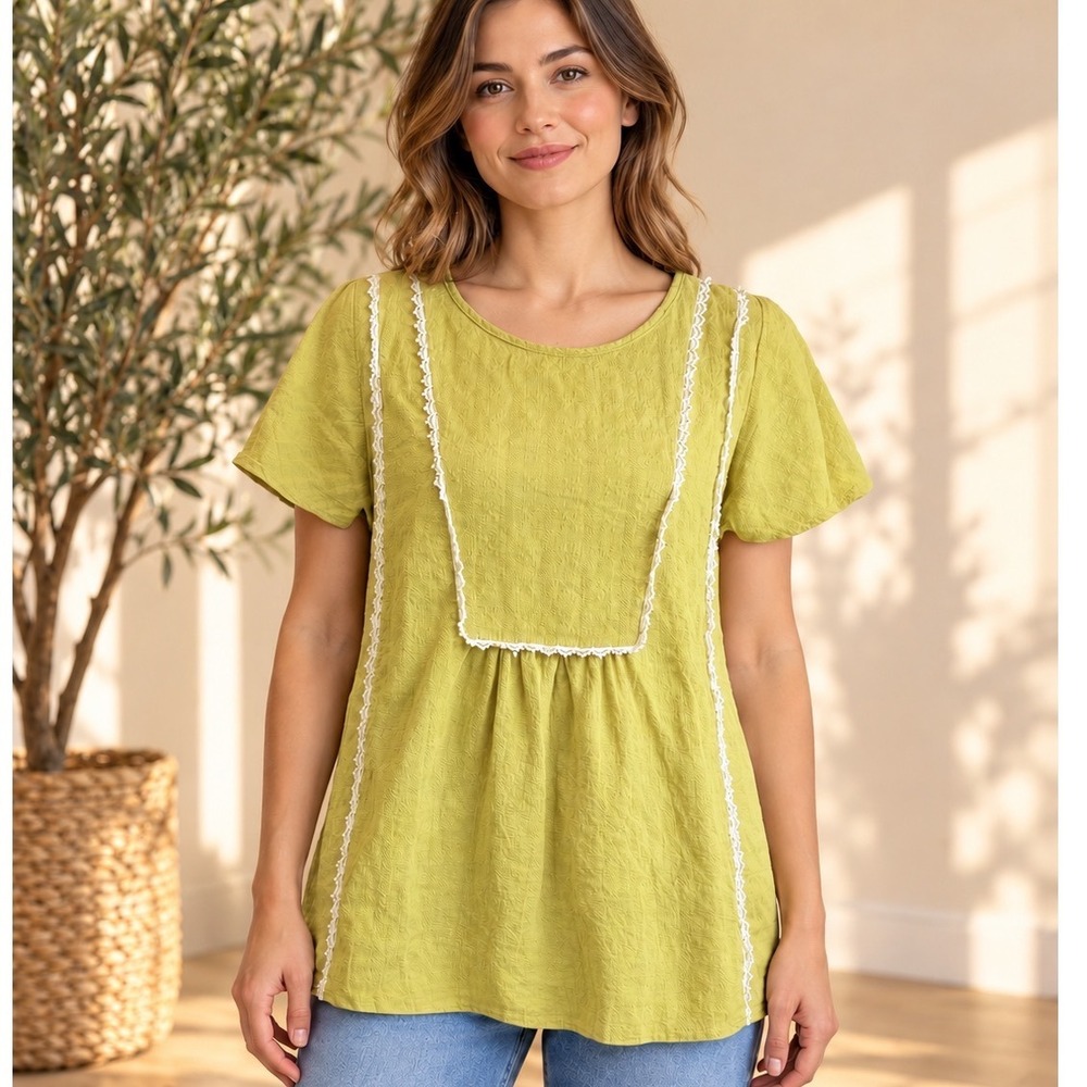 Roolee Chartreuse Yellow Green Lace Trim Textured Short Sleeve Top Small Boho
